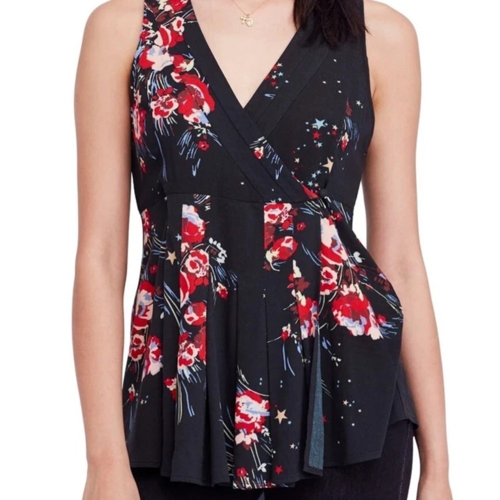 Free People Floral Sleeveless Wrap Tunic Top Black & Red